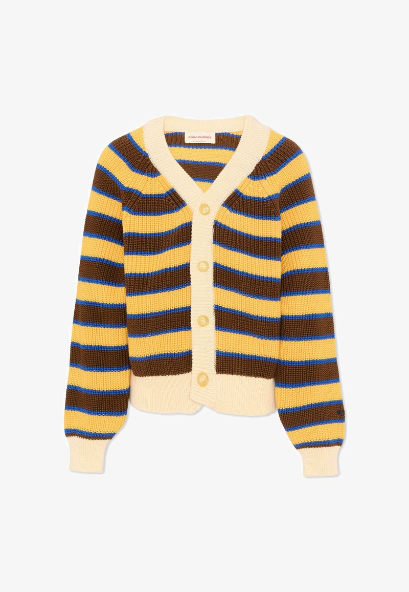 Cardigan en maille épaisse avec des rayures horizontales jaunes, marron et bleues, patte de boutonnage, poignets et ourlet crème. Quatre boutons sur le devant.