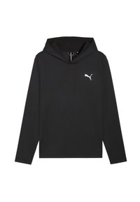 Sweat à capuche noir en tissu lisse, dot é de manches longues et d'un logo Puma blanc sur le côté gauche de la poitrine. Capuche ajustable avec cordon de serrage.