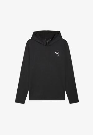 Zwarte hoodie gemaakt van gladde stof, met lange mouwen en een wit Puma-logo op de linkerborst. Verstelbare capuchon met trekkoord.