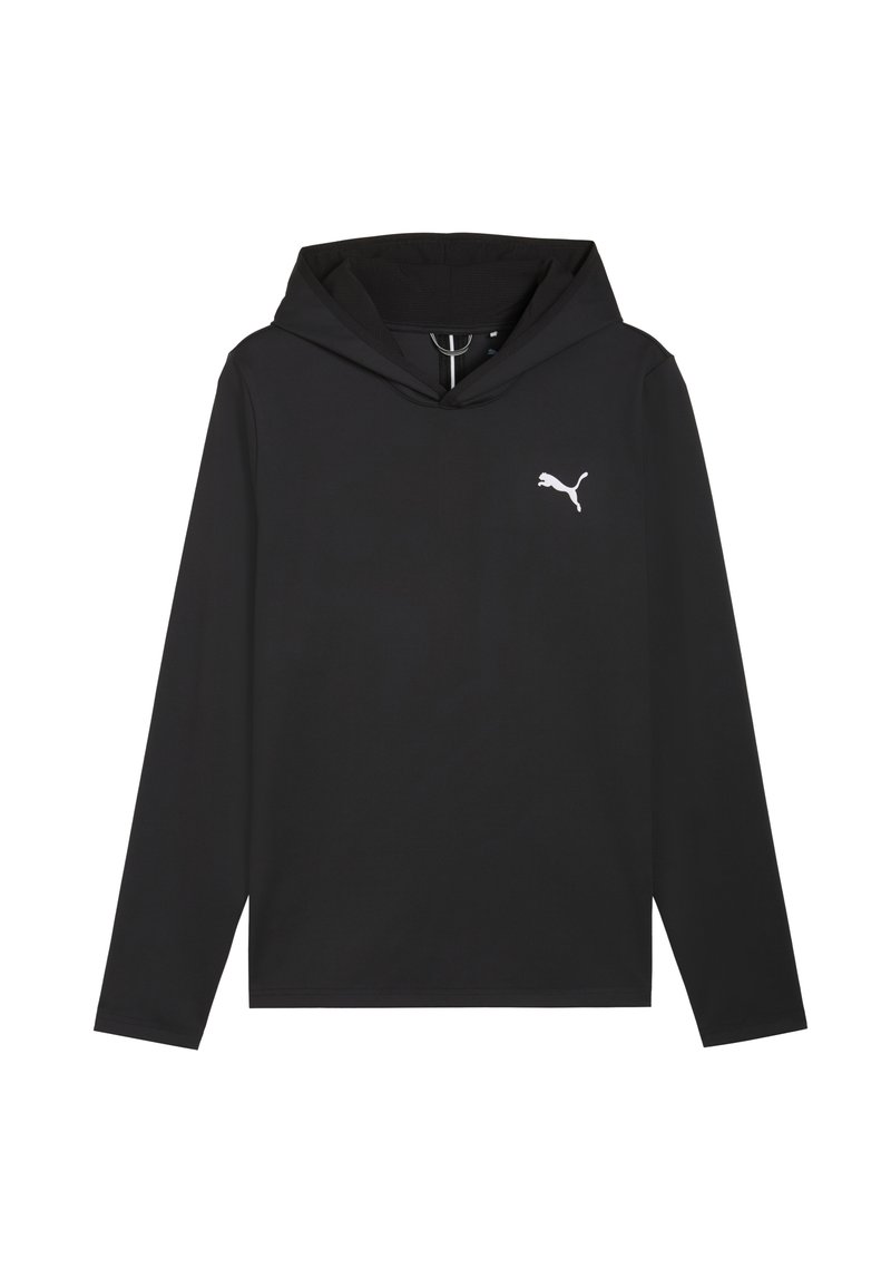 Sweat à capuche noir en tissu lisse, doté de manches longues et d'un logo Puma blanc sur le côté gauche de la poitrine. Capuche ajustable avec cordon de serrage.