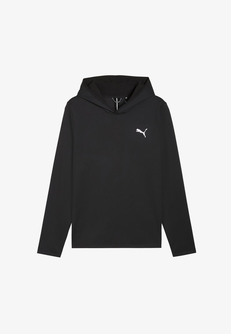 Sweat à capuche noir en tissu lisse, doté de manches longues et d'un logo Puma blanc sur le côté gauche de la poitrine. Capuche ajustable avec cordon de serrage.