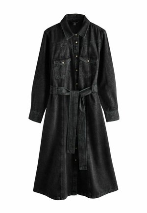 Long black denim dress with a collar, front button closure, two chest pockets, and a matching belt at the waist. Features visible stitching.