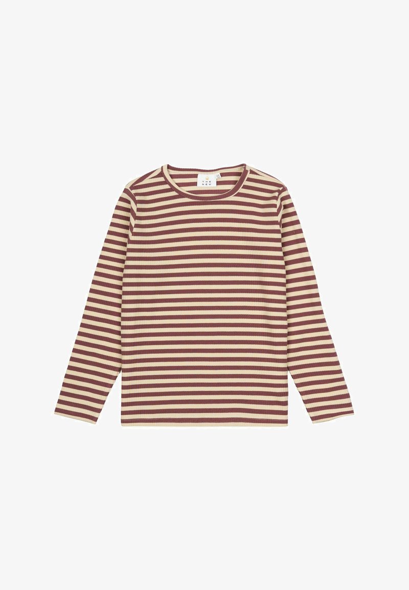 Long-sleeve top in cream and burgundy stripes, made of ribbed fabric, featuring a round neckline and a relaxed fit.