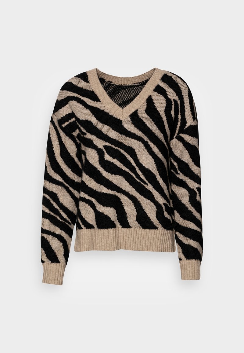 Pull en maille beige et noire à rayures zèbre, col en V, avec poignets et ourlet côtelés, présenté sur un fond uni.