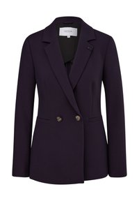Blazer croisé violet foncé avec deux boutons, revers crantés et deux poches avant, présenté sur un fond blanc.