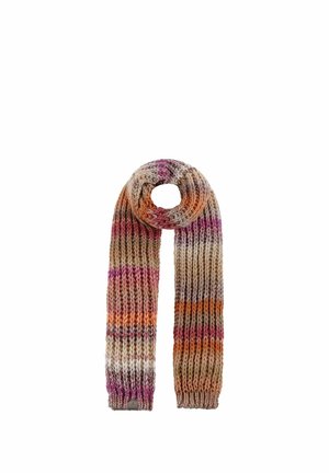 Knitted scarf with thick ribbed pattern in beige, orange, pink, and purple horizontal stripes, looped with one end hanging straight.