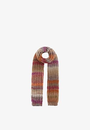Gestrickter Schal mit dickem Rippenmuster in beige, orange, pink und lila horizontalen Streifen, geschlungen mit einem Ende, das gerade herunterhängt.