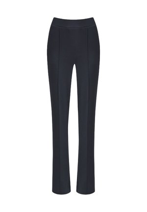 Hose in Marineblau aus glattem, elastischem Stoff; taillierte Taille mit konstruiertem Bund und vertikalen Nahtdetails für einen maßgeschneiderten Look.