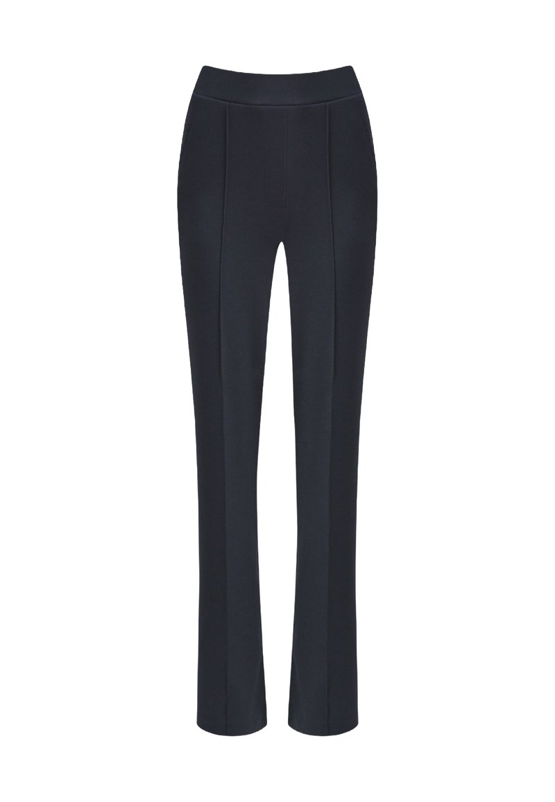 Navy blue trousers made of smooth, stretchy fabric; fitted waist with a constructed waistband and vertical seam detailing for a tailored look.