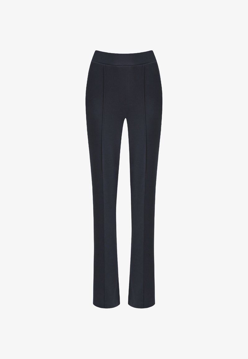 Navy blue trousers made of smooth, stretchy fabric; fitted waist with a constructed waistband and vertical seam detailing for a tailored look.
