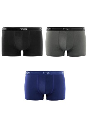 Trois paires de boxers pour hommes en noir, gris et bleu, chacun avec une ceinture élastique marquée "FRGN".