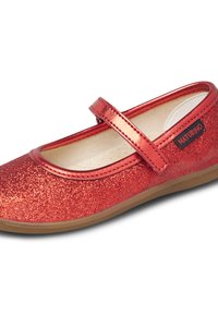 Scarpa Mary Jane rossa glitter con cinturino, parte superiore testurizzata, punta tonda e soletta beige. Ha suola in gomma beige e etichetta con logo sul lato.
