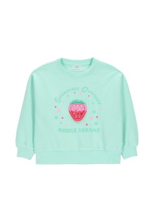 Miętowa bluza dla malucha z mankietami z bufkami, z różową zabawką pop-it w kształcie truskawki i napisem „Sweetness Overload Bubble Dreams.”