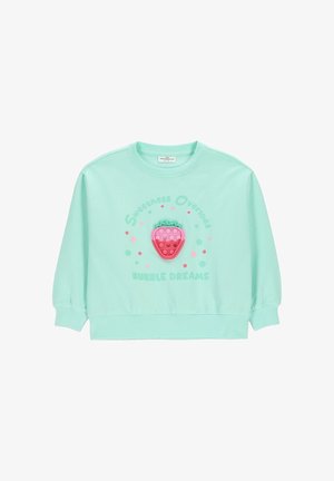 Miętowa bluza dla malucha z mankietami z bufkami, z różową zabawką pop-it w kształcie truskawki i napisem „Sweetness Overload Bubble Dreams.”