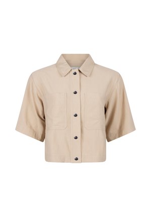 Beige cropped Hemdjacke mit kurzen Ärmeln, durchgehender Knopfleiste, zwei Brusttaschen und klassischem Kragen.