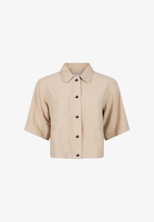 Beige cropped Hemdjacke mit kurzen Ärmeln, durchgehender Knopfleiste, zwei Brusttaschen und klassischem Kragen.