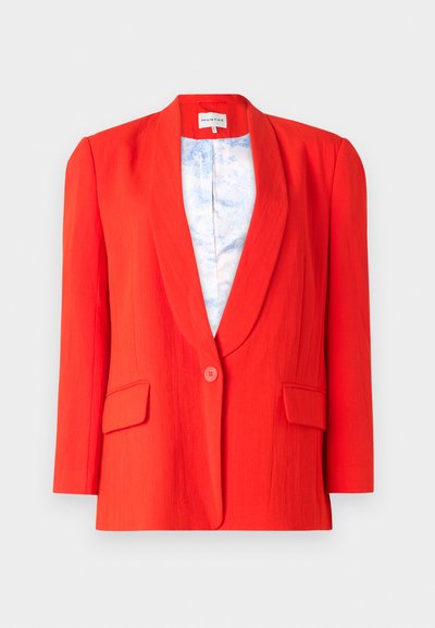 Red blazer with a structured design, featuring a single button closure, two front pockets, and a light floral-patterned lining.