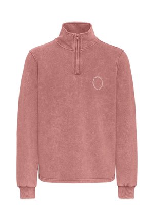 Pullover fleece in dusty rose, features a quarter zipper, ribbed cuffs, and a small circular logo on the chest. Soft texture and relaxed fit.