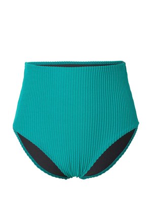 Turquoise high-waisted bikini broekje met ribbelstructuur, voorzien van een zwarte voering en gedetailleerde stiksels langs de taille en beenopeningen.
