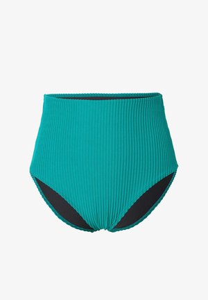 Tyrkysové bikiny s vysokým pasem a ribbovanou texturou, s černým podšitím a detailním prošíváním podél pasu a otvorů nohavic.