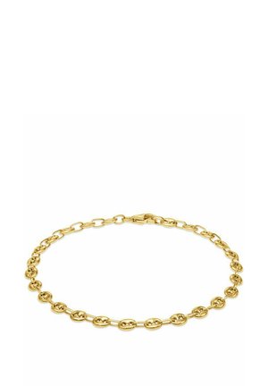 Gold chain bracelet featuring oval and circular links with a spring clasp closure. Smooth texture and polished finish enhance its luster.