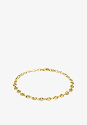 Goldkette-Armband mit ovalen und runden Gliedern sowie einem Federringverschluss. Die glatte Textur und das polierte Finish verstärken seinen Glanz.