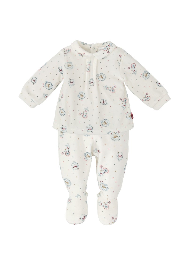 Ensemble pour bébé en coton blanc avec des manches longues, un pantalon à pieds et un col. Imprimé avec des illustrations d'animaux ludiques et des points colorés.