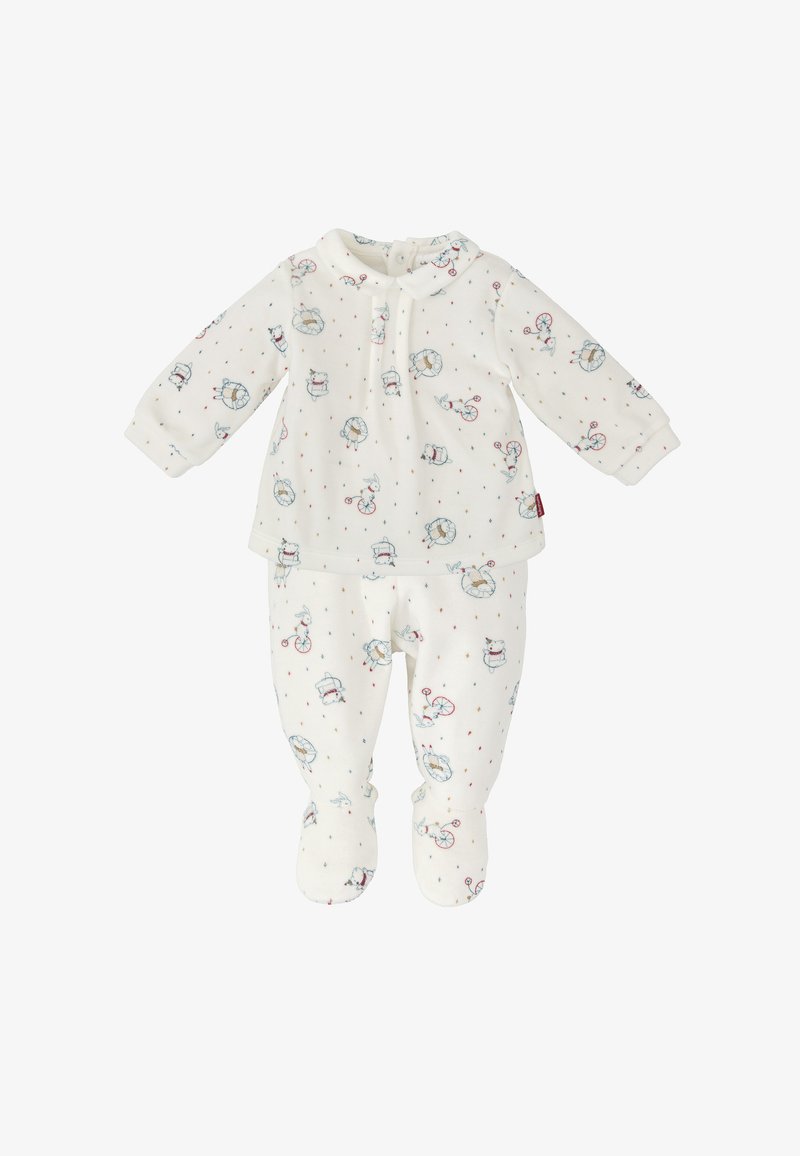Conjunto para bebé de algodón blanco que incluye mangas largas, pantalones con pies y un cuello. Impreso con ilustraciones de animales juguetones y puntos de colores.