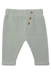 Hellgrüne Baumwollhosen mit strukturierter Ripp-Oberfläche, ausgestattet mit einem elastischen Bund und drei braunen Knöpfen auf der linken Seite. Mit Bündchen am Beinabschluss.