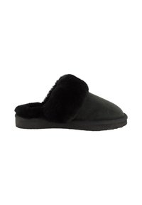 Pantofole in camoscio nero con un morbido polsino in pelliccia nera e una suola piatta in gomma nera, caratterizzate da una punta arrotondata e un design semplice con apertura sul retro.
