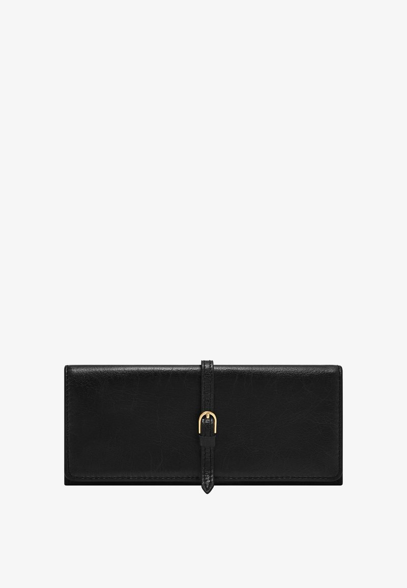 Portefeuille en cuir noir à texture lisse, de forme rectangulaire, avec un accent de boucle en or. Comprend une fermeture sécurisée et des détails de couture.