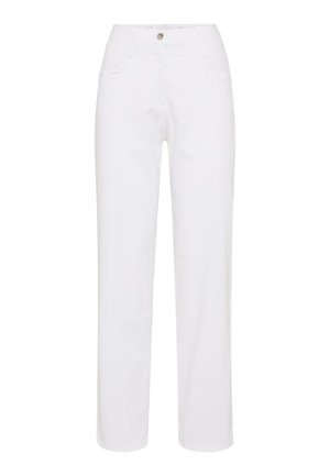 Jean blanc droit avec poches avant, fermeture à boutons et passants pour ceinture, présenté sur un fond uni.