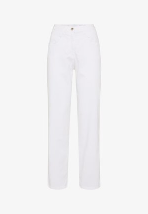 Jean blanc droit avec poches avant, fermeture à boutons et passants pour ceinture, présenté sur un fond uni.