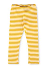 Yellow and white horizontal striped soft fabric leggings for children with elastic waistband on a white background.