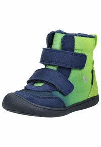 Grønne og marineblå velcro høje sko med en struktureret overdel, glat tåhætte og fleksibel, struktureret sort gummisul.