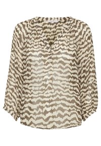 Blouse beige avec un motif abstrait en zigzag marron, dotée d'un col en V, de manches longues et d'une coupe décontractée en tissu léger.