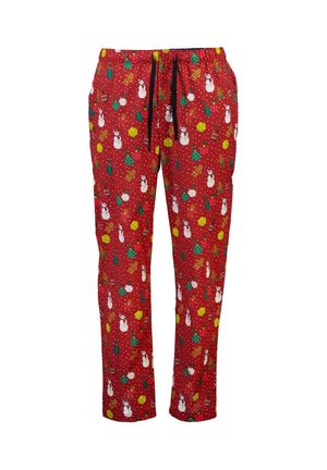 Red pajama pants with an elastic waistband and black drawstring. Features a festive pattern of snowmen, ornaments, and gingerbread.