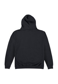 Černá kapucínová mikina, směs bavlny, má jednoduchý design, dlouhé rukávy, žebrované manžety a žebrovaný pas, měkká textura.