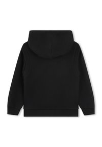 Felpa nera con cappuccio, maniche lunghe, orli e polsini a costine, realizzata in tessuto morbido; presenta un design semplice e pulito senza decorazioni.