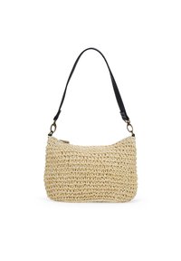 Borsa intrecciata beige con superficie texture, forma curvata e tracolla in pelle nera, con sottili dettagli in hardware dorato.
