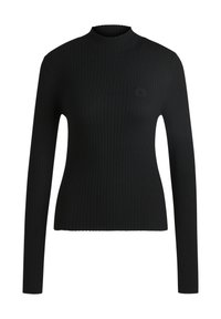 Rippent-swarzes langärmliges Oberteil mit einem hohen Kragen und kleinem Logo-Akzent auf der Brust, aus dehnbarem Stoff für einen figurbetonten Look.