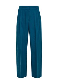 Pantalon bleu taille haute avec plis devant, jambes droites larges, passants pour ceinture et fermeture avant dissimulée.