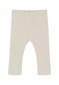 Beige geribbelde gebreide babylegging met elastische tailleband, enkellang en gemaakt van zacht textiel.