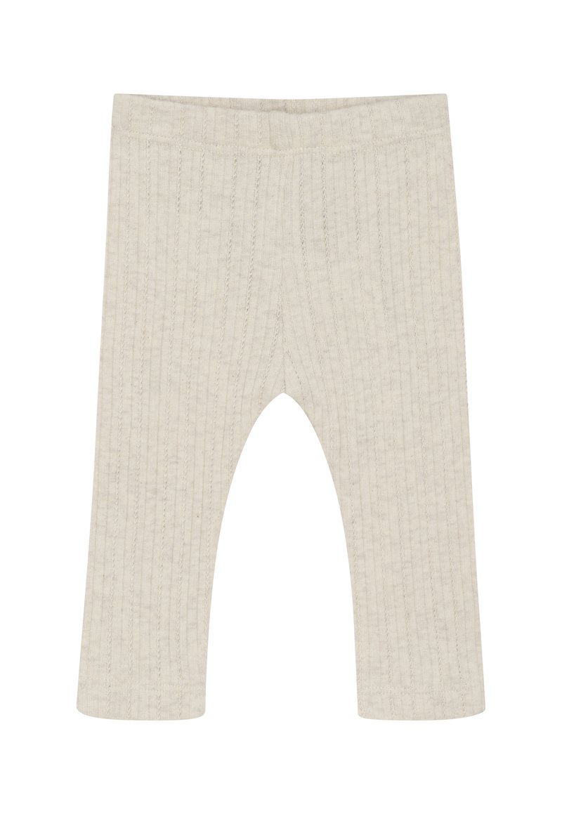 Beige geribbelde gebreide babylegging met elastische tailleband, enkellang en gemaakt van zacht textiel.