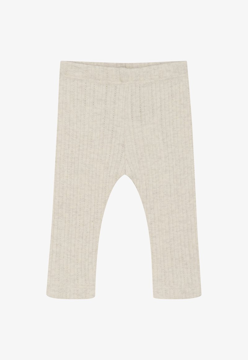 Beige geribbelde gebreide babylegging met elastische tailleband, enkellang en gemaakt van zacht textiel.