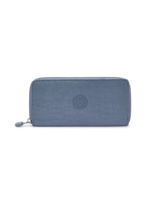 Blue nylon zip wallet with embossed logo, smooth texture, rectangular shape, and subtle stitching details. Features a zip closure.