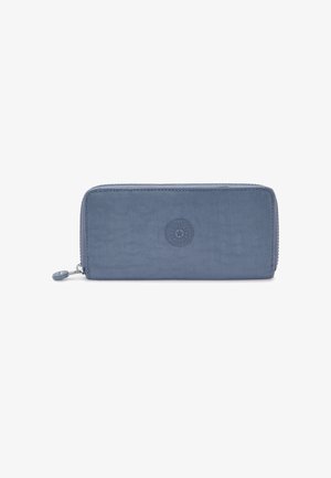Blue nylon zip wallet with embossed logo, smooth texture, rectangular shape, and subtle stitching details. Features a zip closure.