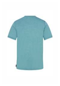 Korte mouwen T-shirt met ronde hals in lichtturquoise met een textuurstof. Heeft een rechte snit en een klein label aan de onderlinkerkant.