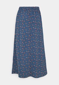 Sininen kukallinen maxi-hame, jossa on joustava vyötäröhihna. Hameessa on pieniä punaisia ja valkoisia kukkia kuvioituna teksturoidulle kankaalle. Pituus ylettyy keskipitkälle pohkeelle.