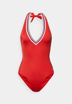 Κόκκινο ολόσωμο μαγιό με βαθύ V-ντεκολτέ και κορδόνι στο λαιμό. Διαθέτει λευκές και μαύρες ριγέ λεπτομέρειες γύρω από το ντεκολτέ. Ομαλό, ελαστικό ύφασμα.